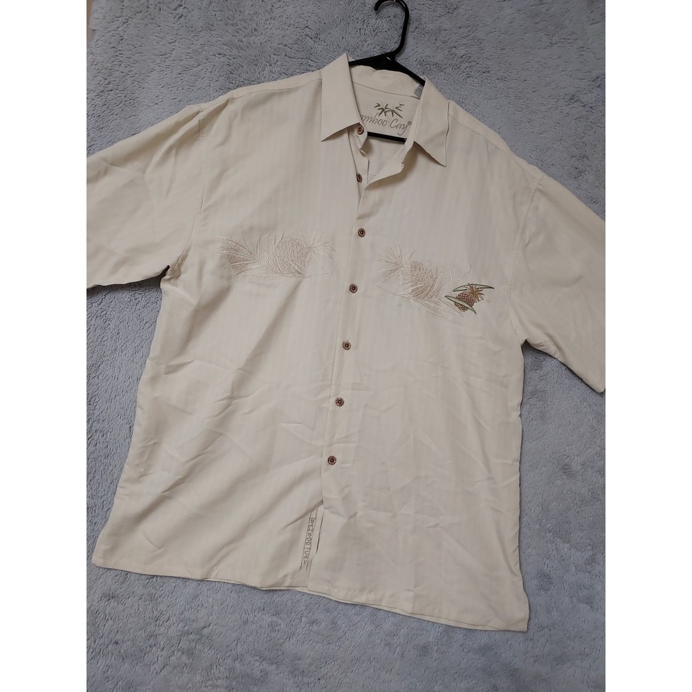 Bamboo Cay Shirt Mens Large Embroidered Pineapple Tropical Camp Button Up Cream